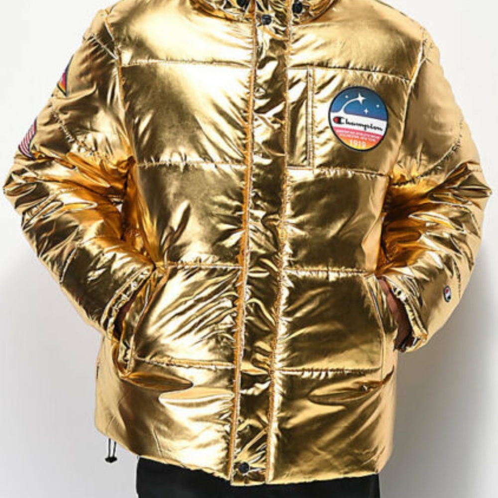 CHAMPION Metallic Puffer Coat, Gold, Mens Medium